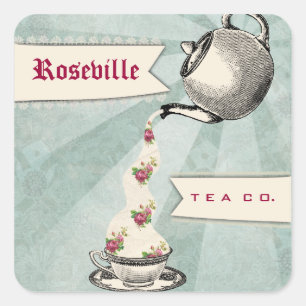 Shabby Chic Teekanne pocht Rose Teekopfmarke Quadratischer Aufkleber