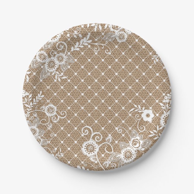 Shabby Chic-Teller für Burlap- und Spitzenpapiere Pappteller (Vorderseite)