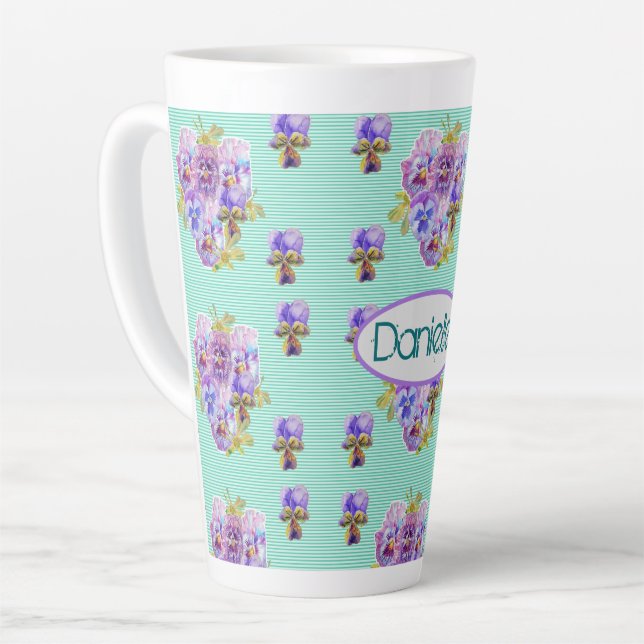 Shabby Chic Turquoise Aqua Pansy Blumenlatte Milchtasse (Linke Ecke)