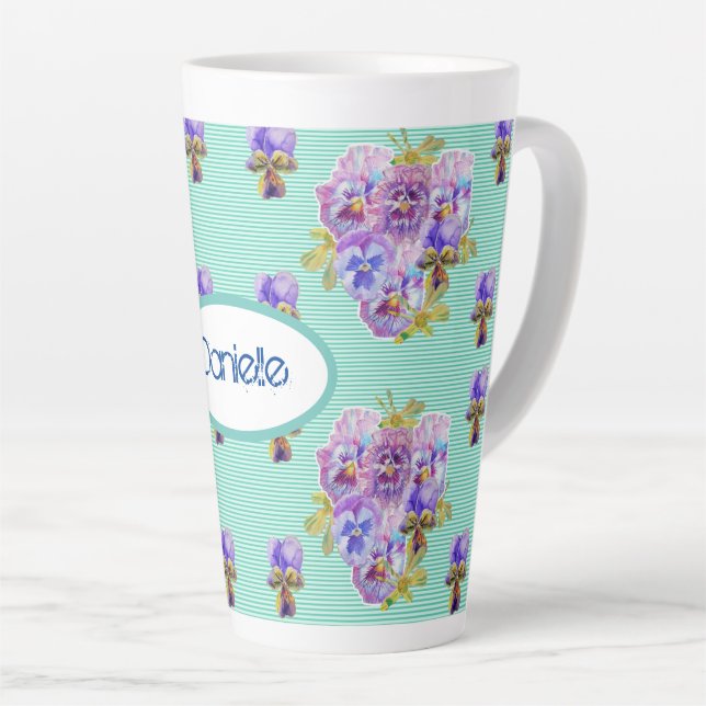 Shabby Chic Turquoise Aqua Pansy Blumenstrauß Latt Milchtasse (Rechte Ecke)