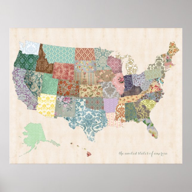 Shabby Chic United Staaten Map - Kinderzimmer Art Poster (Vorne)