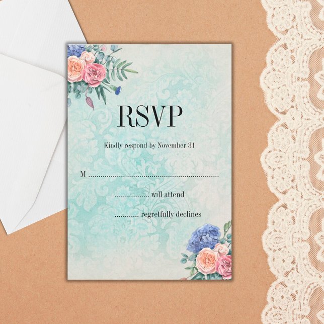 Shabby Chic verblasste Tapete und Blumenhochzeit RSVP Karte (Von Creator hochgeladen)