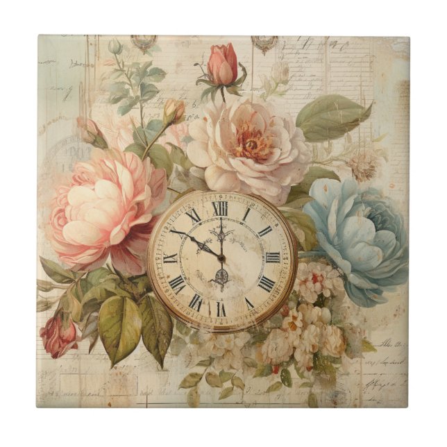 Shabby Chic Vintag Blush Blue Rose Blumenuhr Fliese (Vorderseite)