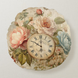 Shabby Chic Vintag Blush Blue Rose Blumenuhr Rundes Kissen