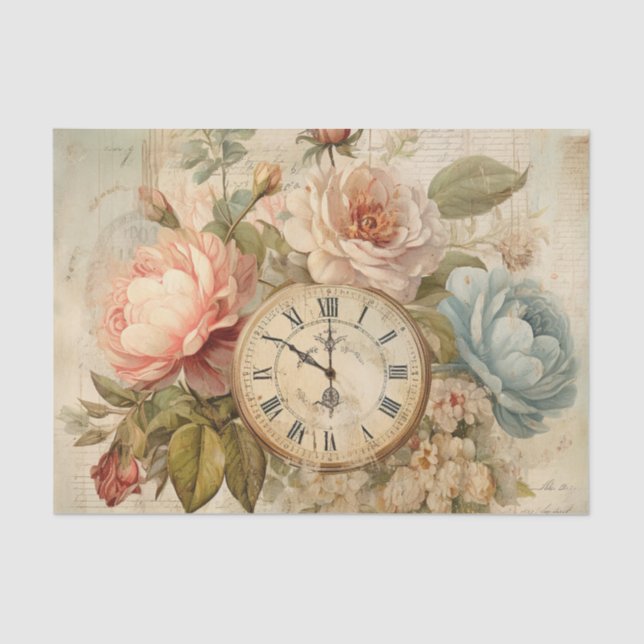 Shabby Chic Vintag Blush Blue Rose Blumenuhr Seidenpapier (Vorderseite)