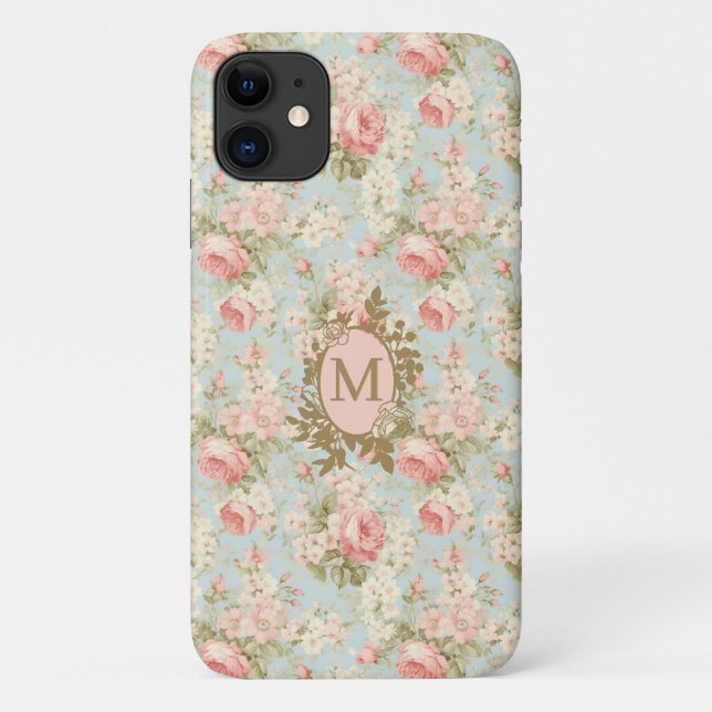 Shabby Chic Vintag rosa Rosen Floral Monogramm Case-Mate iPhone Hülle (Rückseite)