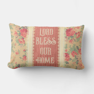 Shabby Chic Vintage Blumen Lord segne unser Zuhaus Lendenkissen