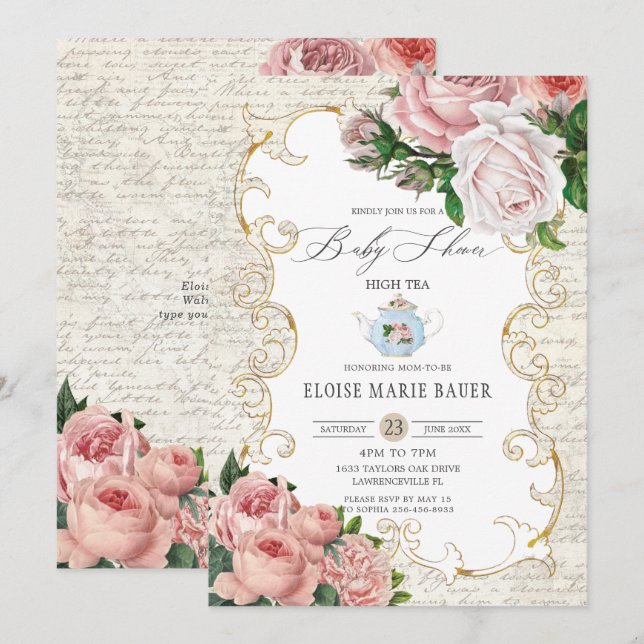 Shabby Chic Vintage Französische Rose Babydusche I Einladung (Vorne/Hinten)