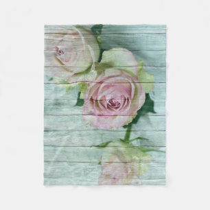 Shabby Chic Vintage Hübsche Rosen auf blauem Holz Fleecedecke