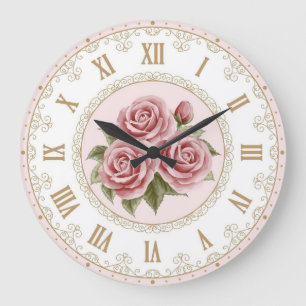 Shabby Chic Vintage Pfirsich Rosa Goldene Rosenblü Große Wanduhr