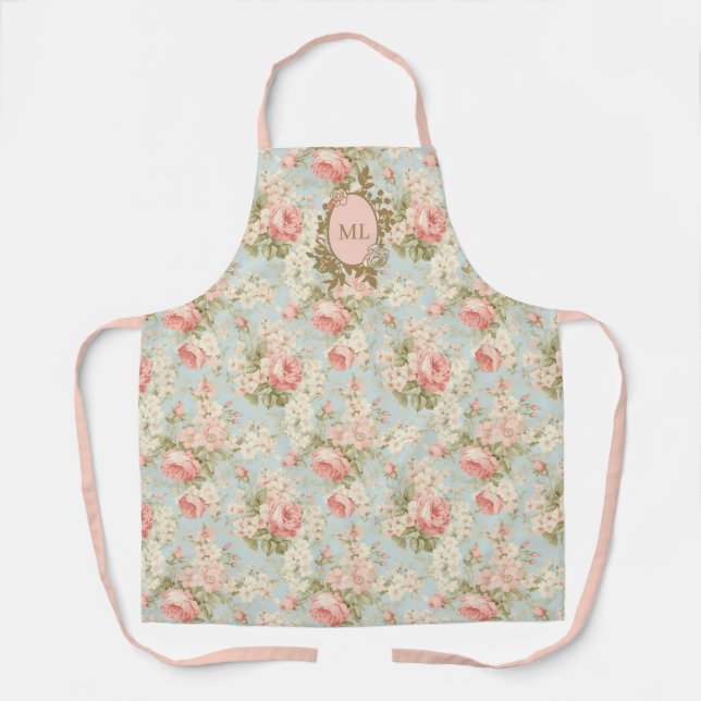 Shabby Chic Vintage-Rosa Florales Monogramm Schürze (Vorderseite)