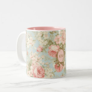Shabby Chic Vintage Rosa Rosen Florales Monogramm Zweifarbige Tasse