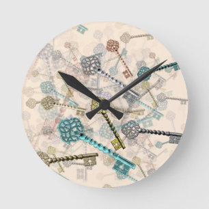 Shabby-Chic-Vintage-Schlüsselprint, dezent, blasse Runde Wanduhr