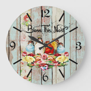 Shabby Chic Vintage Vögel segnen dieses Nest Holz Große Wanduhr