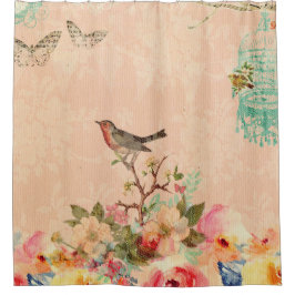 Shabby Chic, Vogel, Schmetterling, Spitze, Blüte,  Duschvorhang
