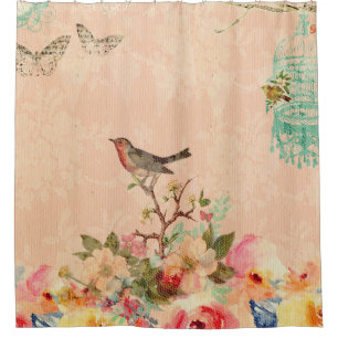 Shabby Chic, Vogel, Schmetterling, Spitze, Blüte,  Duschvorhang