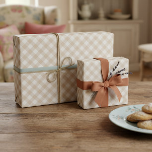 Shabby Chic Weiß Hellbraun Beige Braun Gingham Geschenkpapier