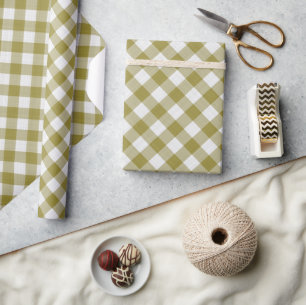 Shabby Chic White Ochre Mustard Green Gingham Geschenkpapier
