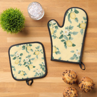 Shabby Chic Zitronen Blumen Serie Design #2 Ofenhandschuh & Topflappen-Set