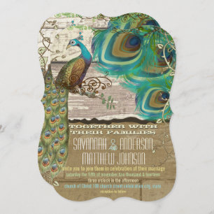 Shabby Country Peacock Vintag 3 Feathers Old Wood Einladung