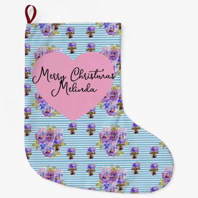 Shabby Floral Pastel Blue Christmas Girls Name Großer Weihnachtsstrumpf (Vorderseite)
