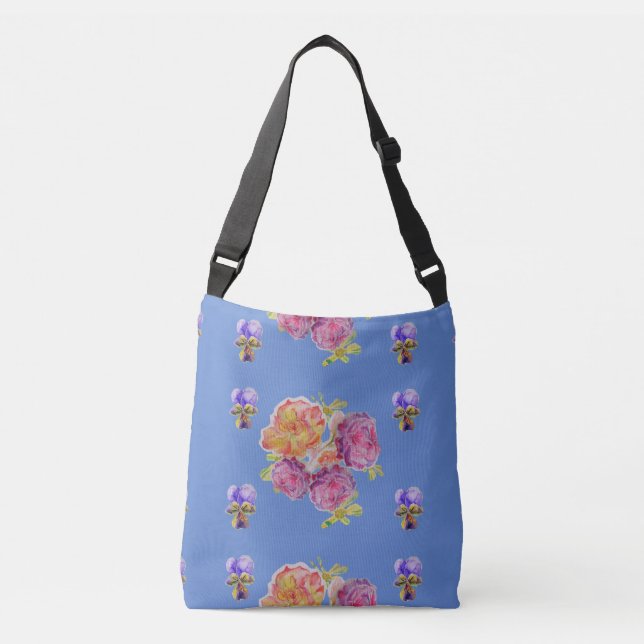 Shabby floral Pink Rose Rose Crossbody Bag Blue Tragetaschen Mit Langen Trägern (Vorderseite)