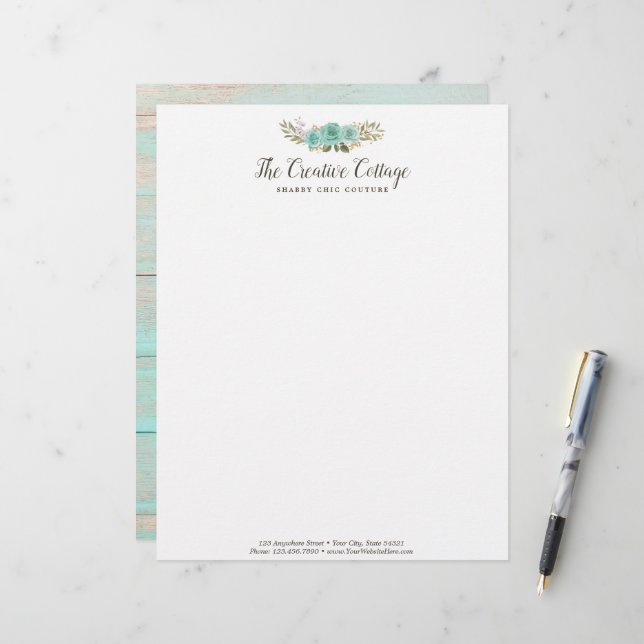 Shabby Hütte Chic Türkis Floral Rustikales Holz Briefbogen (Vorderseite/Rückseite Beispiel)