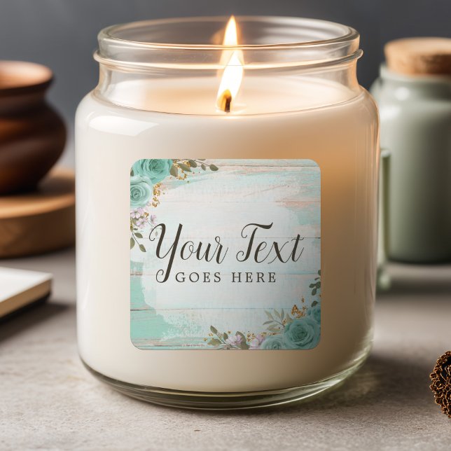 Shabby Hütte Chic Türkis Floral Rustikales Holz Quadratischer Aufkleber (Von Creator hochgeladen)