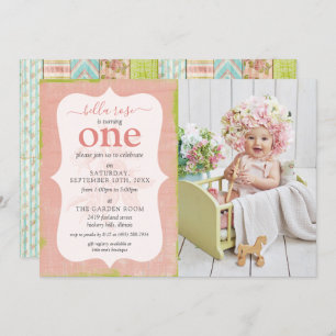 Shabby Hütte Pink Rose Baby Girl Birthday Foto Einladung