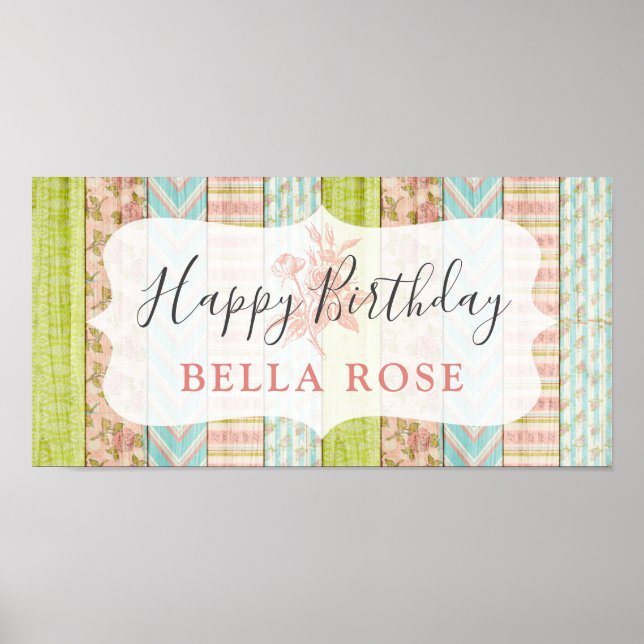 Shabby Hütte Pink Rose Baby Girl Happy Birthday Poster (Vorne)