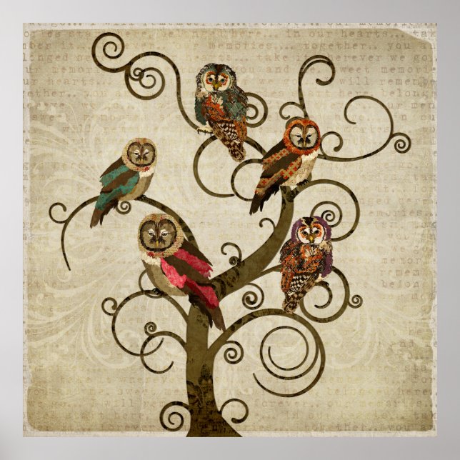 Shabby Owl Tree Art Poster (Vorne)