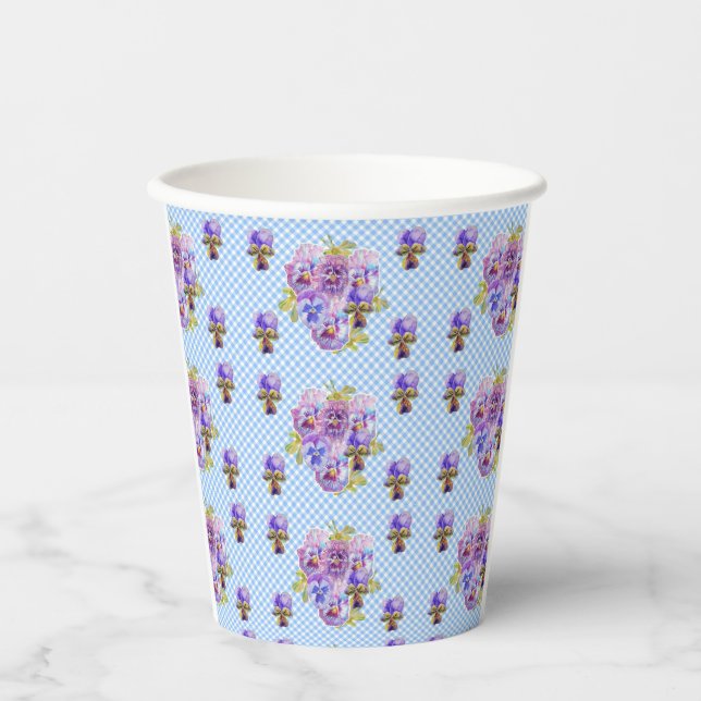 Shabby Pansy Floral Blue Gingham Blume Girls Pappbecher (Vorderseite)