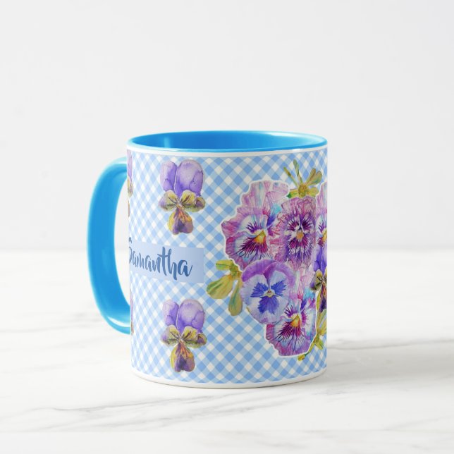 Shabby Pansy Floral Blue Gingham Blume Girls Tasse (Vorderseite Links)