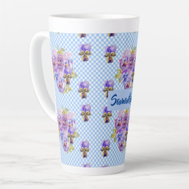 Shabby Pansy Floral Blue Gingham Blume Girls Tasse (Linke Ecke)
