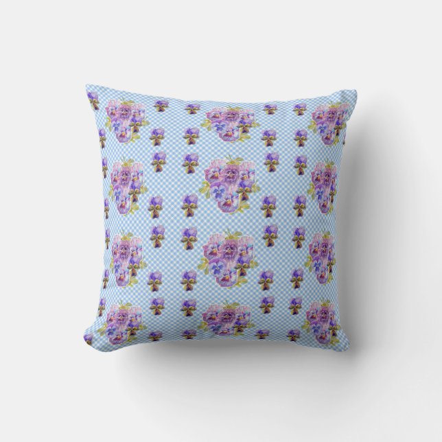 Shabby Pansy Floral Blue Gingham Blume Retro Kissen (Vorderseite)