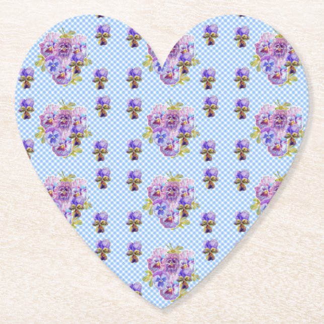 Shabby Pansy Floral Blue Gingham Drink Coasters Untersetzer (Vorderseite)