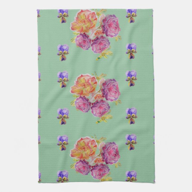 Shabby Pink Rose auf Green Floral Kitchen Handtuch (Vertikal)