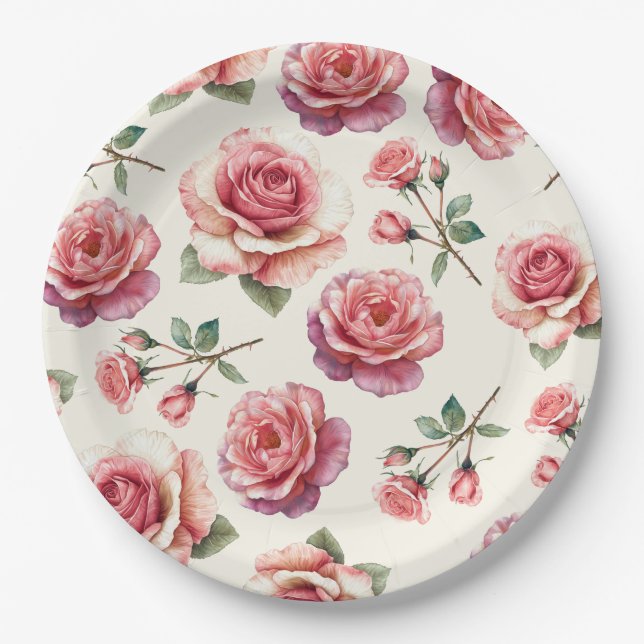 Shabby Pink Roses Forever Pappteller (Vorderseite)
