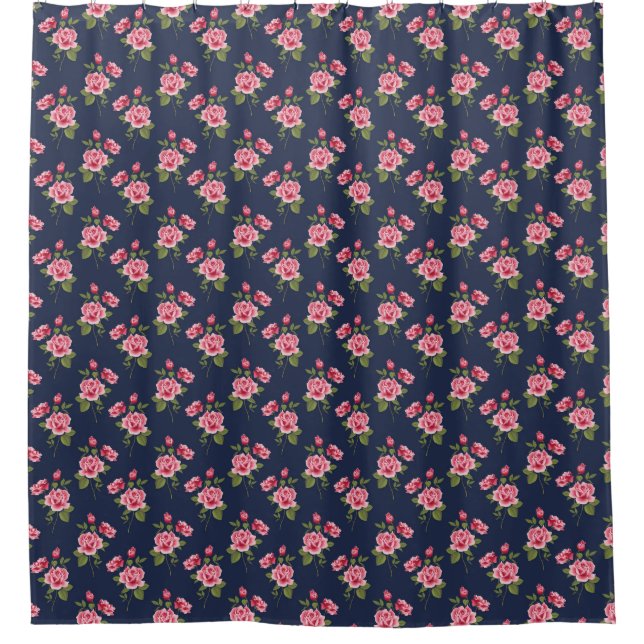 Shabby Pink Roses, Navy Background Dusche Vorhang (Vorderseite)