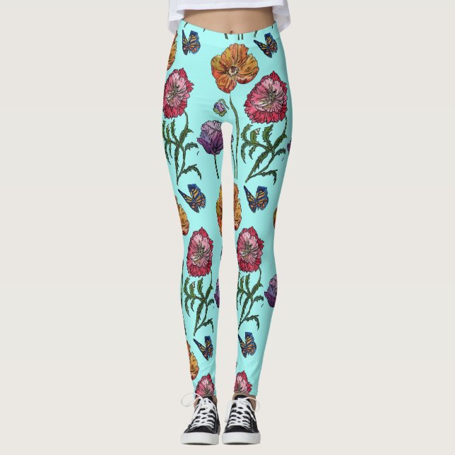 Shabby Poppy Red Lila Aqua Türkis Kunst Leggings (Vorderseite)