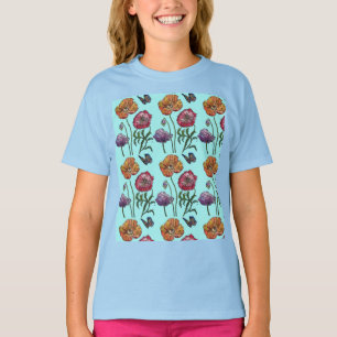 Shabby Poppy Red Lila auf Aqua Anpassungsname T-Shirt