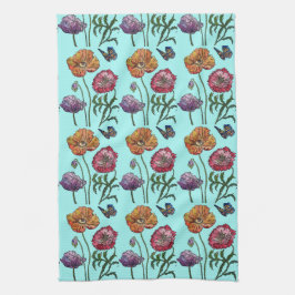 Shabby Poppy Red Lila auf Aqua Turquoise Geschirrtuch
