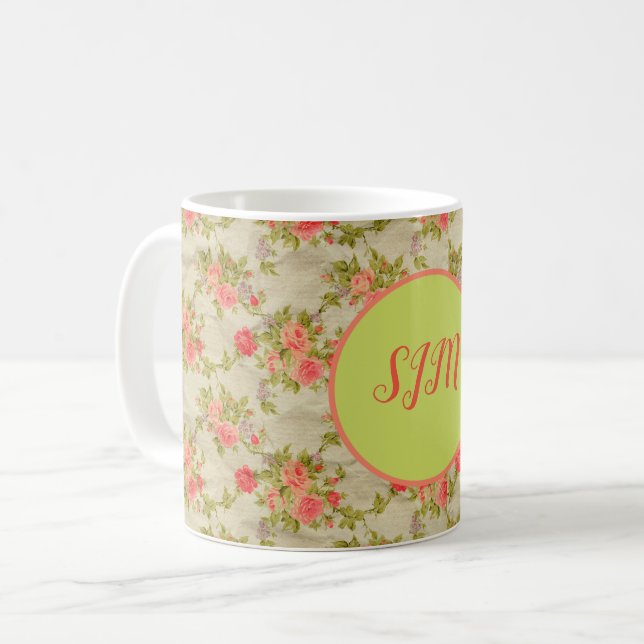 Shabby-Rose Monogram Kaffeetasse (Vorderseite Links)