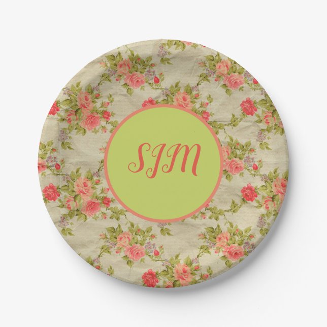 Shabby-Rose Monogram Pappteller (Vorderseite)