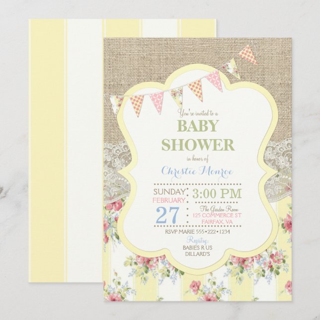 Shabby Rustic Country Chill Blues Lace Burlap Einladung (Vorne/Hinten)