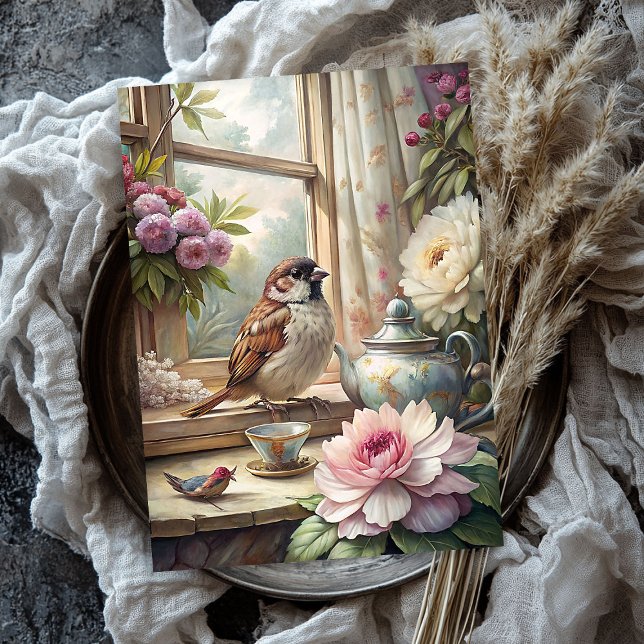 Shabby Sommerfenster mit Spatrosa Seidenpapier (Shabby summer window with sparrow pink peonies tissue paper)