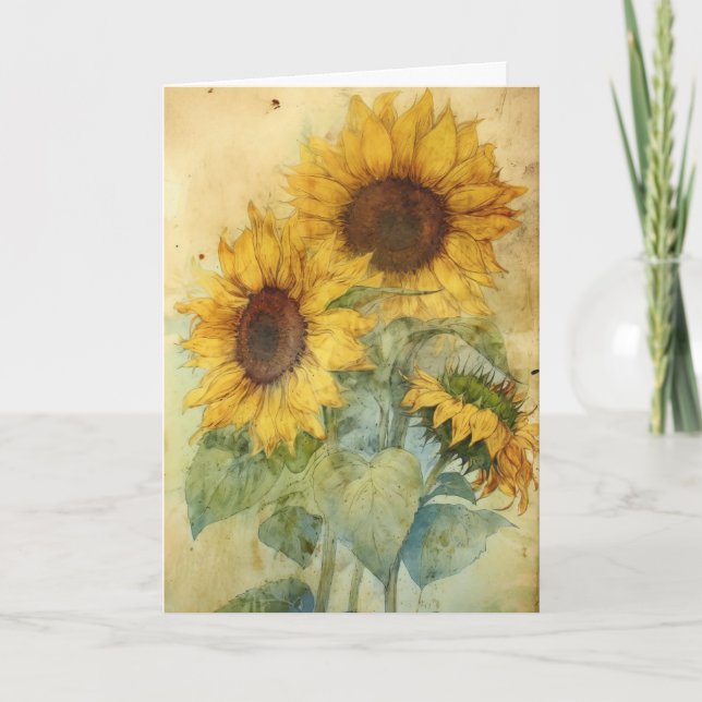 Shabby Sonnenblumen Aquarellbilder Gruß Karte (Vorderseite)