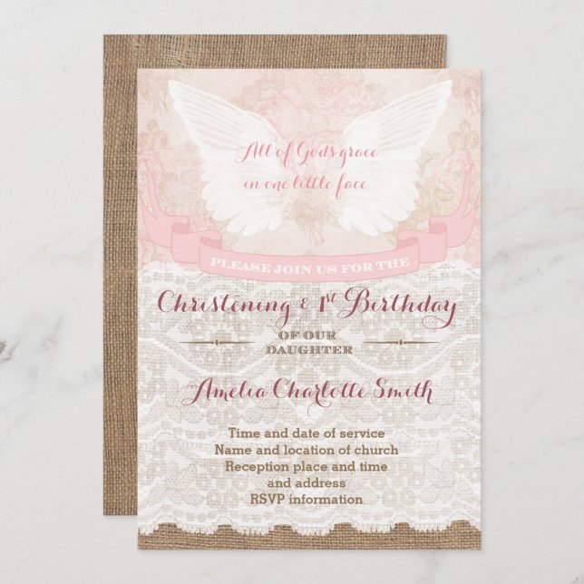 Shabby Vintag Christening und 1. Geburtstag Party Einladung (Vorne/Hinten)