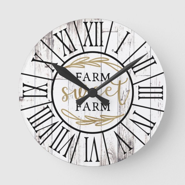 Shabby White Wood Country Farmhouse Farm Sweet Runde Wanduhr (Vorderseite)