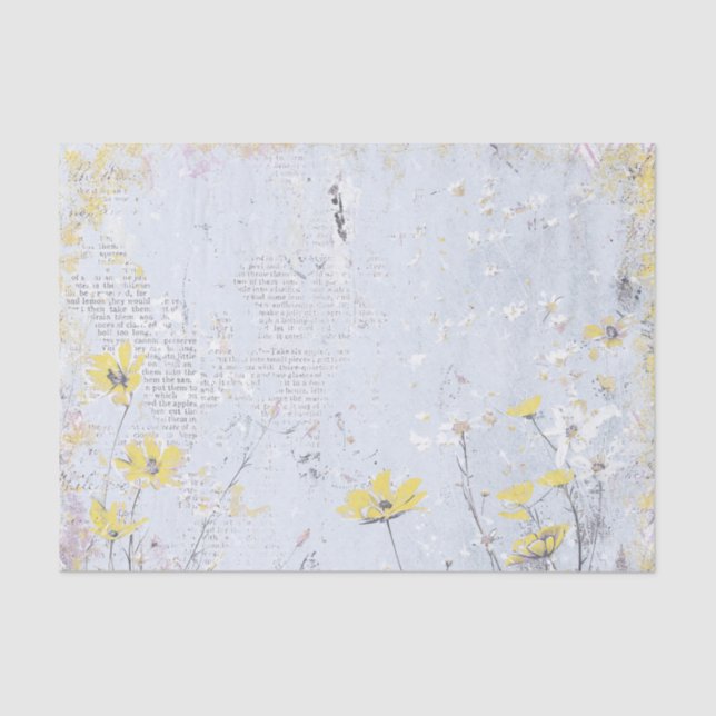 Shabby Yellow Wildblume Daisy Blue Text Collage Seidenpapier (Vorderseite)